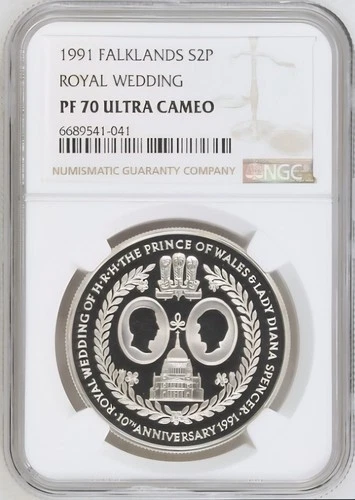 TOP POP - 1991 Falkland Islands Silver £2 Royal Wedding Proof NGC PF70
