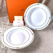 Hermes Paris Deep Soup Plate Rythme Rhythm Green Set of 2 Porcelain with Case