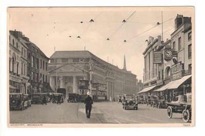 Coventry - Broadgate, Straßenszene, Straßenbahnen - 1939 gest. Postkarte
