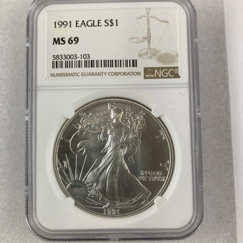 1991 1oz US Silver Eagle NGC MS69 Classic Brown Label Mint Condition