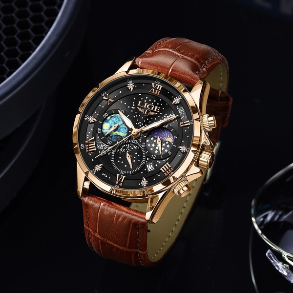 LIGE Reloj de Lujo de Cuarzo para Hombre con Correa de Cuero, Fecha, Impermeable y Luminoso 3