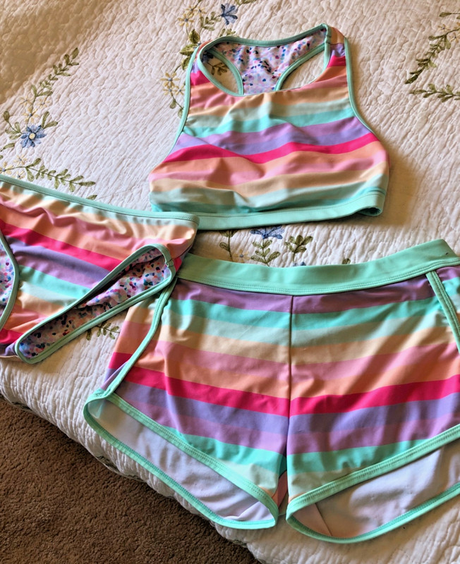 Eddie Bauer Girls' Three-Piece Swimsuit - Teal/Pink/Purple  - Size 14/16 kids