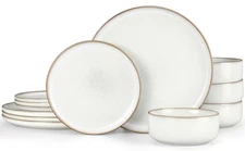 Plates and Bowls Sets for 4, 12 Pieces Stoneware Dinnerware Sets, Double Reac...