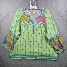 $139 NEW John Mark Embroidered Top Blouse Women 1X Split Neck Green Blue
