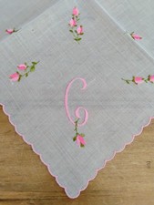 Vgt C Monogram Pink Embroidery White Cotton Batiste Hankie Handkerchief