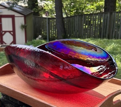 Crate & Barrel Venice Italy Murano Red Iridescent 15  Art Glass Caldera Bowl
