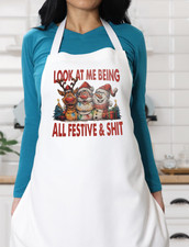 Handmade White Unisex Apron W/Pockets-Christmas-Santa-Frosty-Humor-Kitchen-Gift