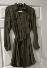 Express green solid collared shirt dress button front belted long sleeve short M