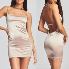 SER.O.YA Lillian Dress Stretch Satin Backless Bodycon Mini Beige NWT Size Small