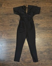 Black V-Neck Short Sleeve Women's Jumpsuit M Straight Leg Zip Tie Belt Solid