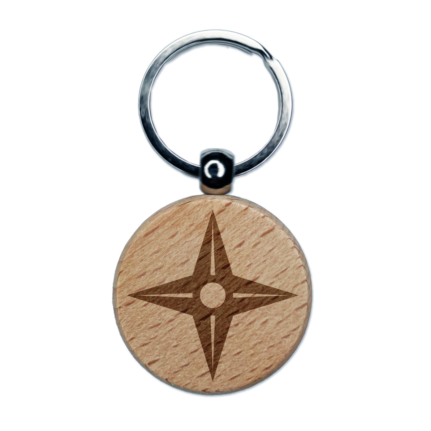 Four Point Ninja Star Engraved Wood Round Keychain Tag Charm