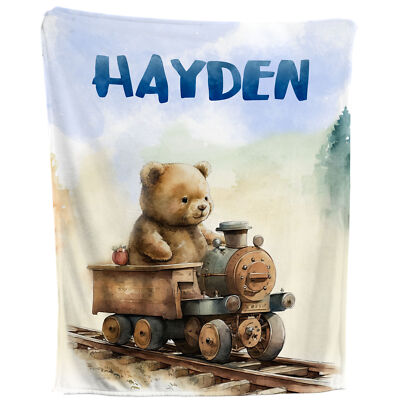 Teddy Train Blanket - Personalized Railway Fleece Throw, Custom Kids Gift