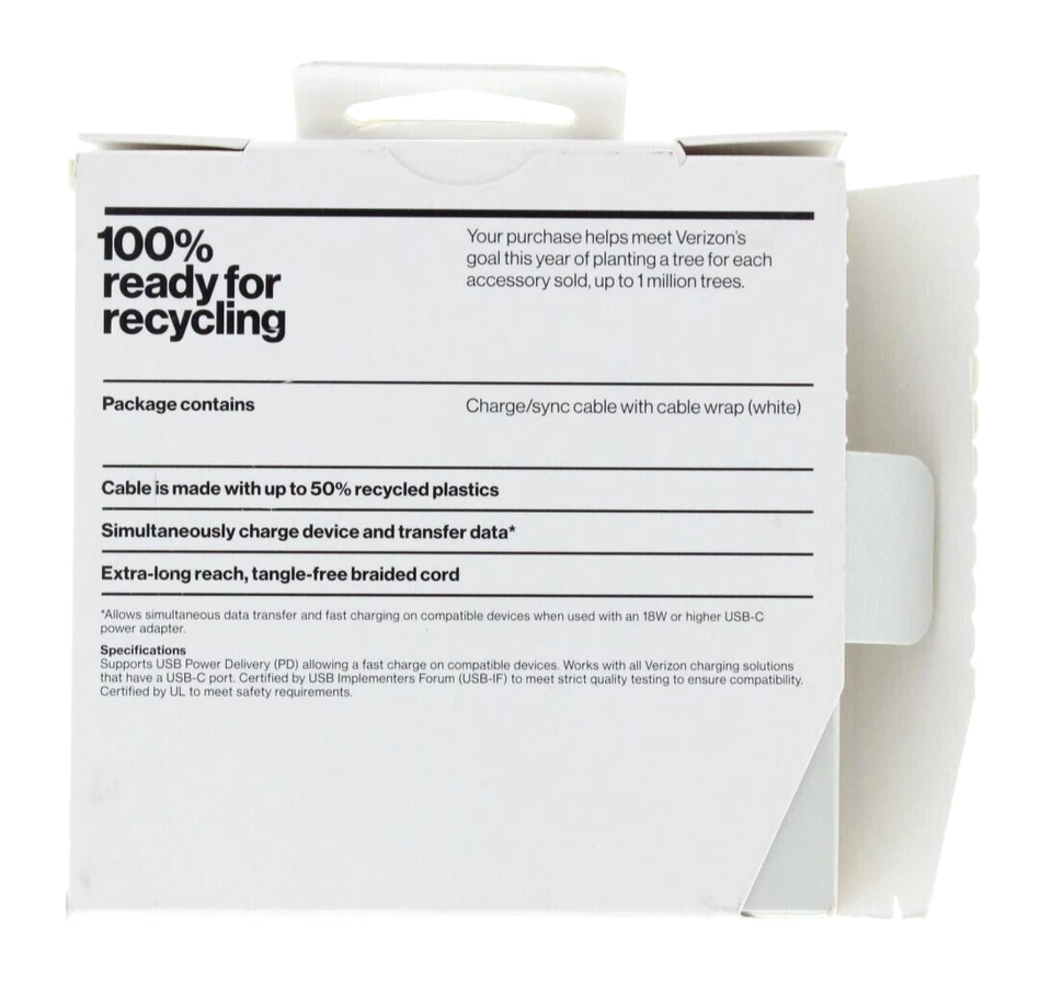 Verizon USB-C to USB-C (10-Foot) Braided Charging Cable White (CAB10CTOCBWHT-A) Foto 2 de 3