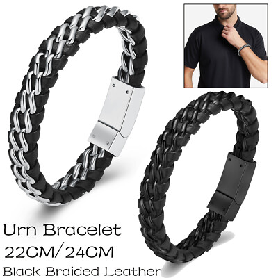 Urn Bracelet for Ashes Mens Double-Band Black Braided Leather Wristband Bangle