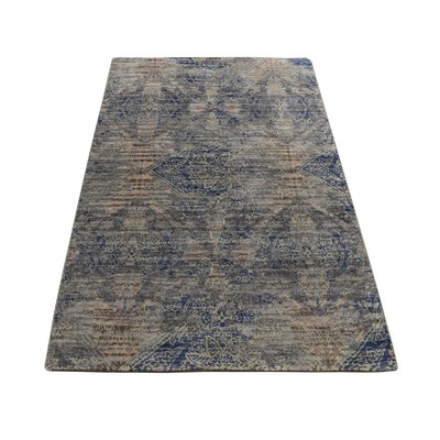 3'x5' Blue Erased Rosette Design Silk with Wool Hand Knotted Rug G78248