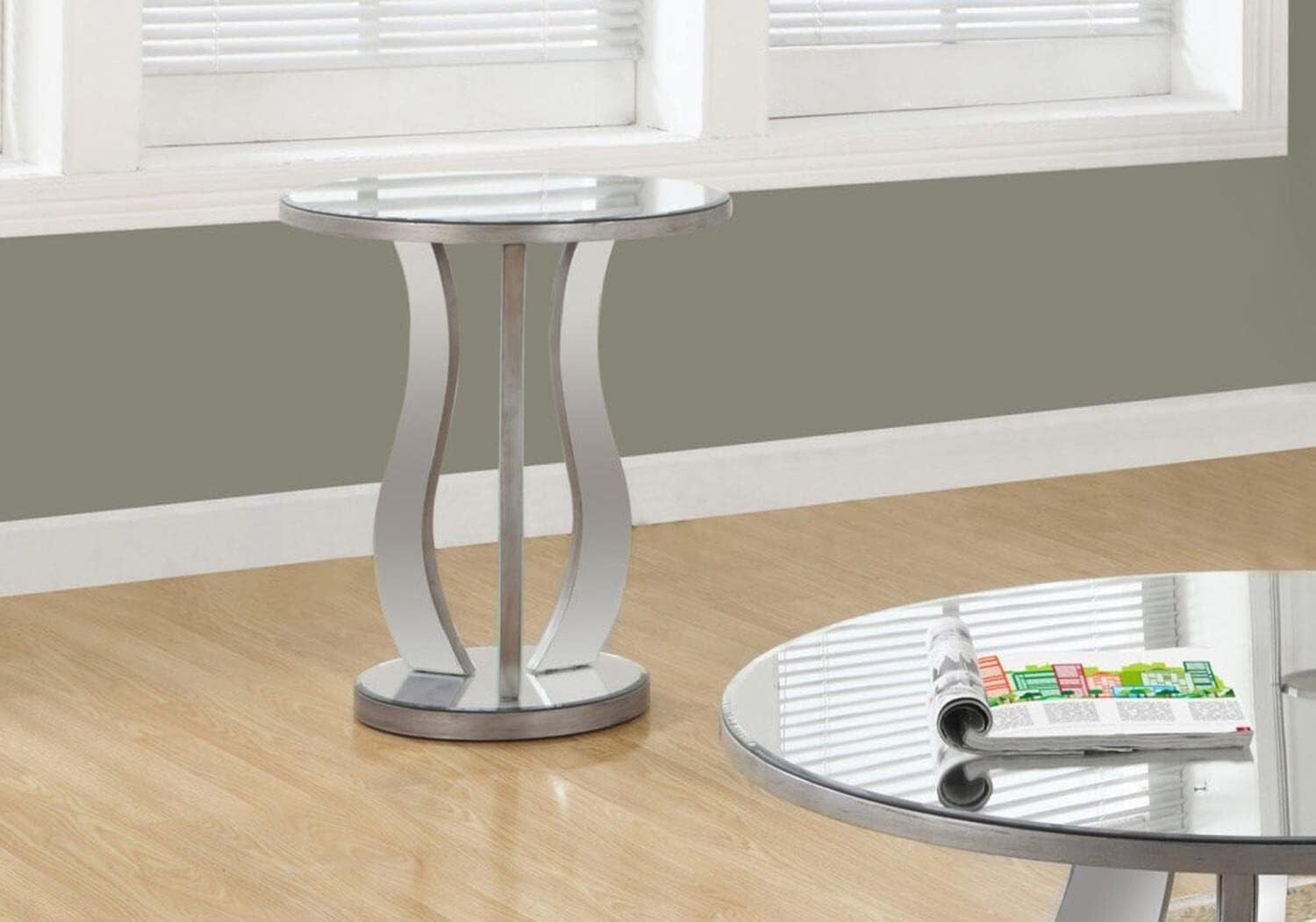 Monarch Specialties Accent End Table Mirrored, 24" H,  Brushed Silver