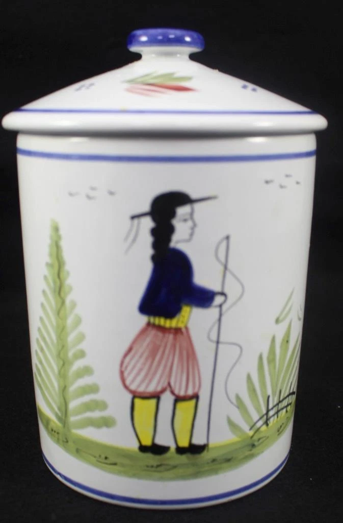 Quimper Mistral Blue Round Medium Canister with Lid Man Design Motif