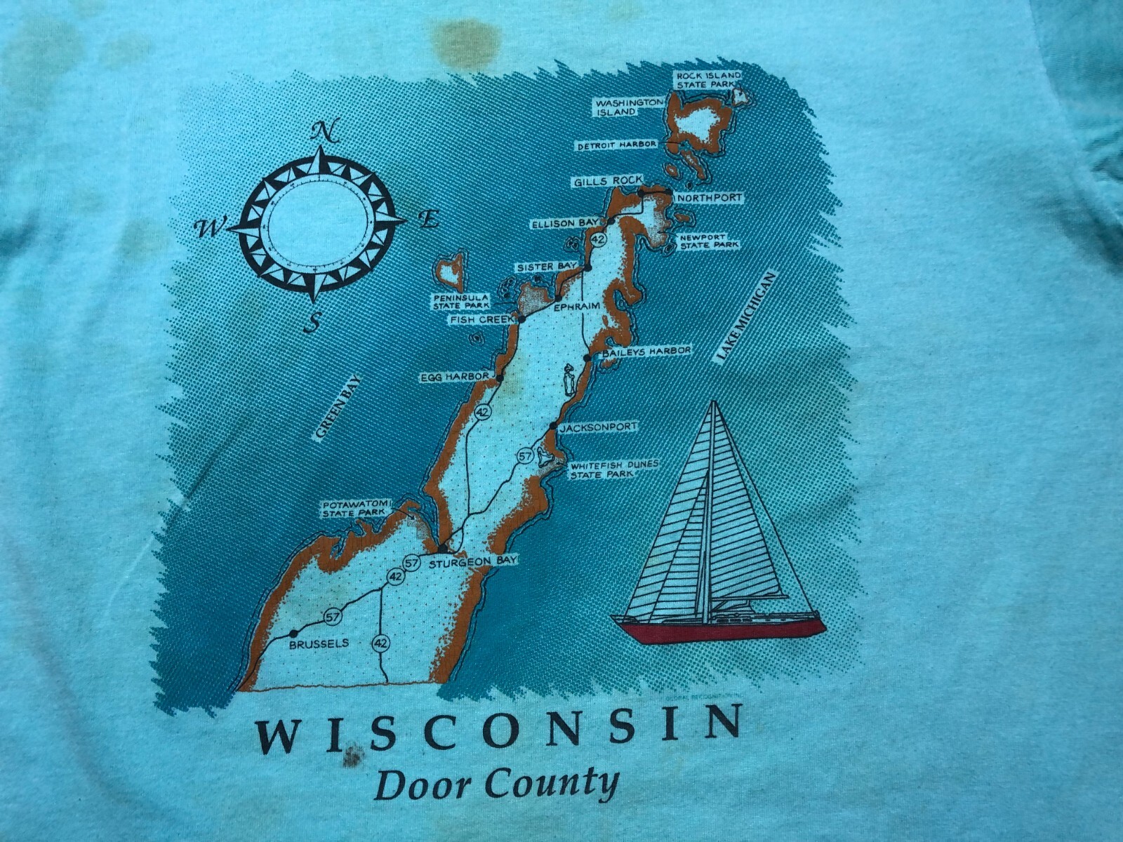 Vintage Wisconsin Door County Map Mens Blue Single St… Gem