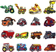 16 PCS Car Iron-On Patches - Excavator, Racing Car, Fire Truck Sew-On Applique f