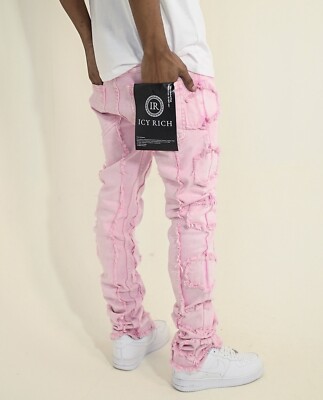 Pink Side Stripes Skinny Jeans Acids Washed Denim Men Pants Size