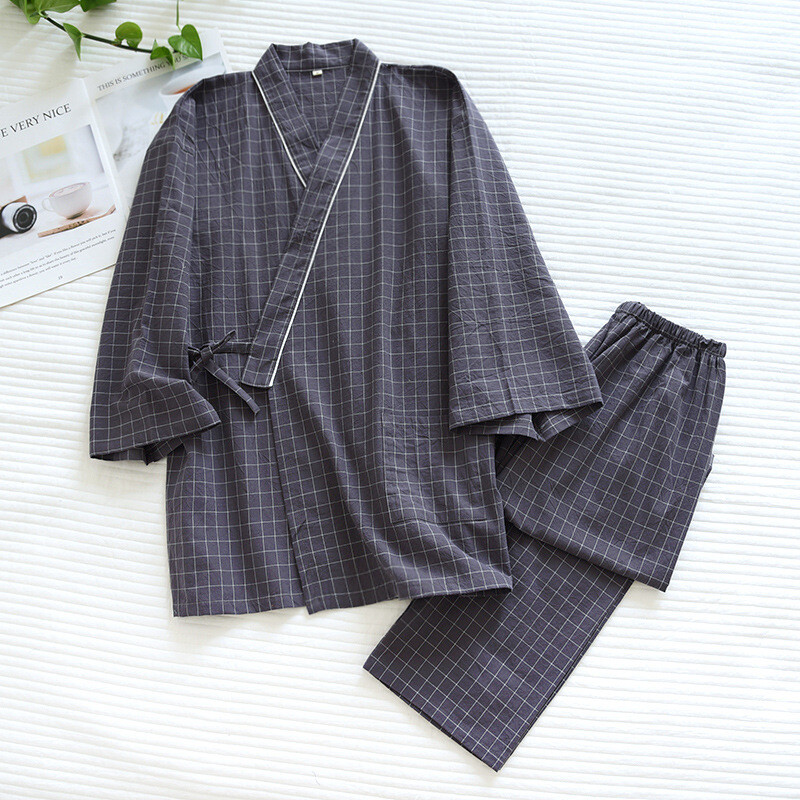New Men Japanese Kimono Pajama Set Long Pants Cotton Sleepwear Nightwear Unisex