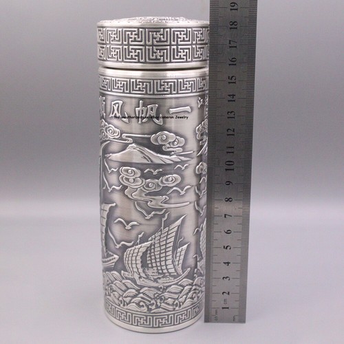 Solid S999 Fine Silver 999 Drinking Cup Carved Sailing Coffee/Hot Tea Bottle - Picture 9 of 9