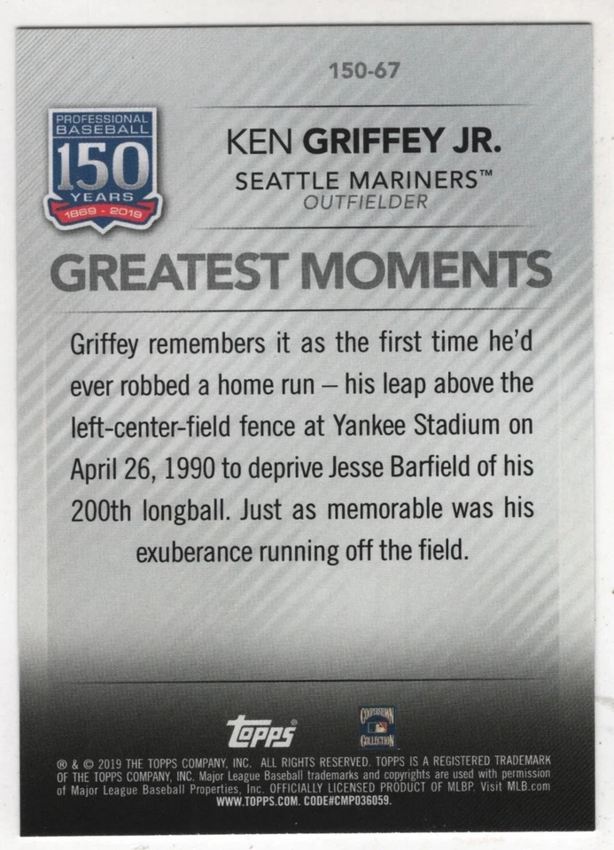 KEN GRIFFEY JR ⚾ INSERT ⚾ 2019 TOPPS * GREATEST MOMENTS #150-67 * FREE SHIPPING - Image 2 of 2