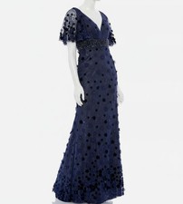 Mac Duggal Women's Blue Floral Appliqu Flutter Sleeve Lace Gown Dress Size 18