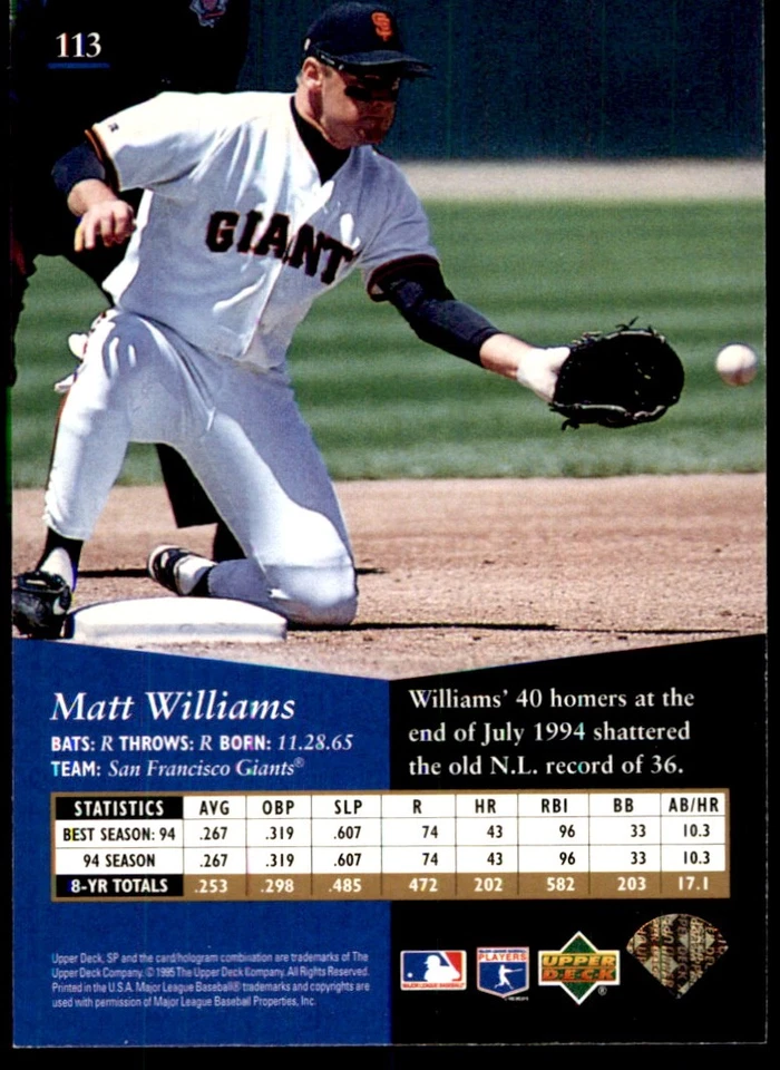 Matt Williams 1995 SP #113 Giants MLB READ FREE SHIPPING AutographDen - Image 2 of 2