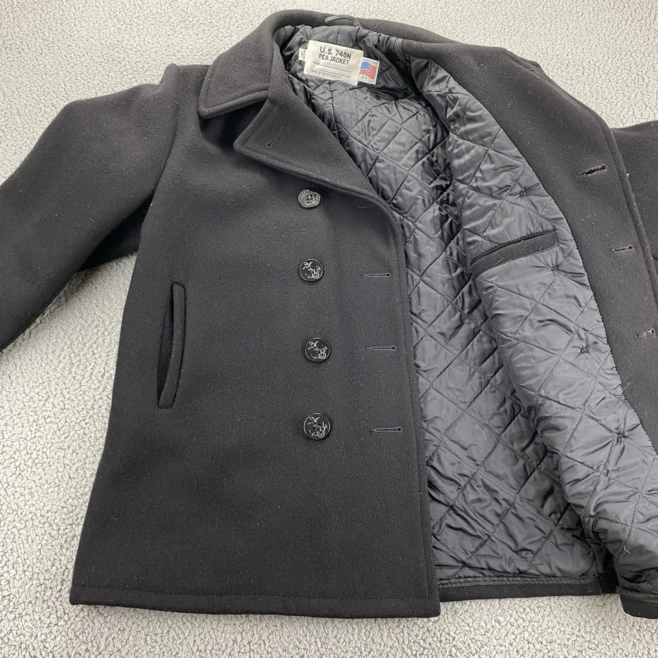 Chaqueta Abrigo Schott NYC Pea Hombres Negra EE. UU. 740N Hecha en EE. UU. Lana Acolchada Talla 44 Foto 4 de 4