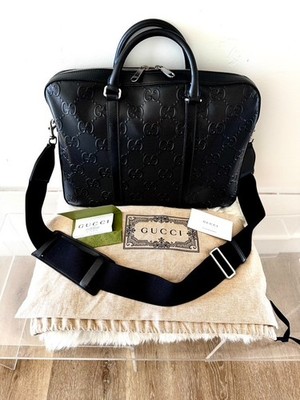 Authentic Gucci GG Embossed Leather Briefcase Laptop Bag Model 658573 Black Made