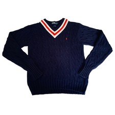 Polo Ralph Lauren Cricket Sweater Mens M Navy Blue Cable Knit Varsity Old Money