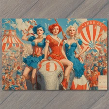 Art Print Circus Elephants Red Blue Dresses Ringmasters Carnival Flags Parade