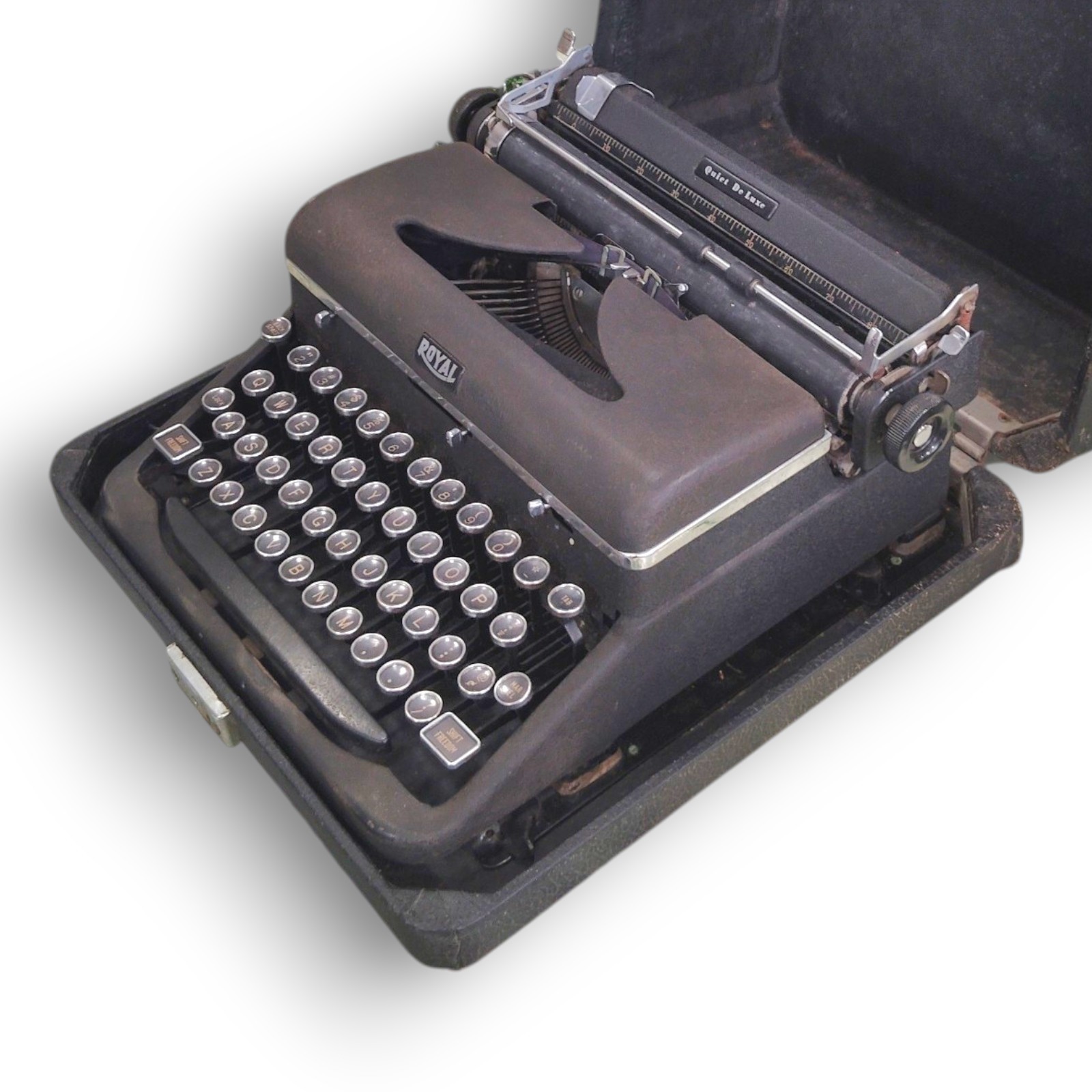 STUNNING VTG 1940s ROYAL QUIET DELUXE TYPEWRITER W/ORIG CASE PORTABLE ROUND KEYS