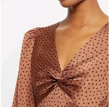 Express V Neck Banded Hi - Lo Brown With Black Polka Dots Dress W/ Elastic Back