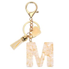 Alphabet"itial Letter Keychain Cute Charm with Tassel Heart Letter M Beige