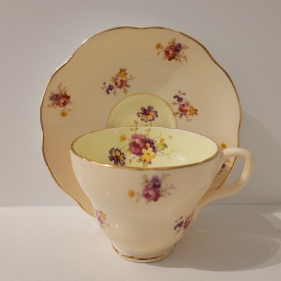  Bone China Rosette Pink and Biqsue Teacup and Saucer Set Yellow Interior Foley