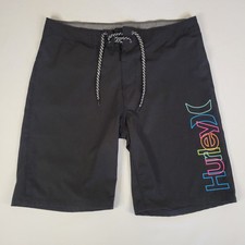 Men's Sz 30 Black HURLEY Board Shorts Swim Trunks Beach Surfer Neon Rainbow Logo