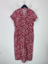 Seasalt Cornwall Red Leaf Pattern Jumpsuit Short Sleeve V Neck Linen UK 16