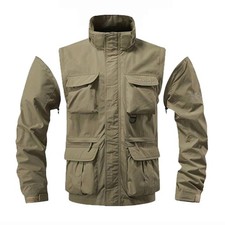 Giacca uomo multitasche soft shell con cappuccio utility maniche staccabili capospalla