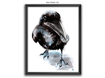 Personalisiertes Aquarell Krähe ''Köpfe oder Schwänze'' Gemälde Druck von Ilona Winter