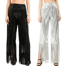 Womens Costume Fringe Pants Party Trousers Stage Tassel Tango Wide Leg Cha-cha