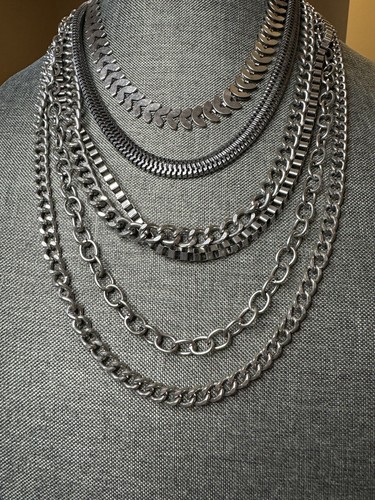Lagenlook Halskette silberfarben klassischer Look mehrere Kettenglieder Panzer/Box/Kabel/Kubanisch - Bild 2 von 6
