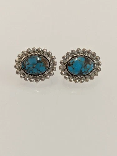 Vintage Sterling Silver Turquoise Screw Back / Clip On Earrings Oval Design
