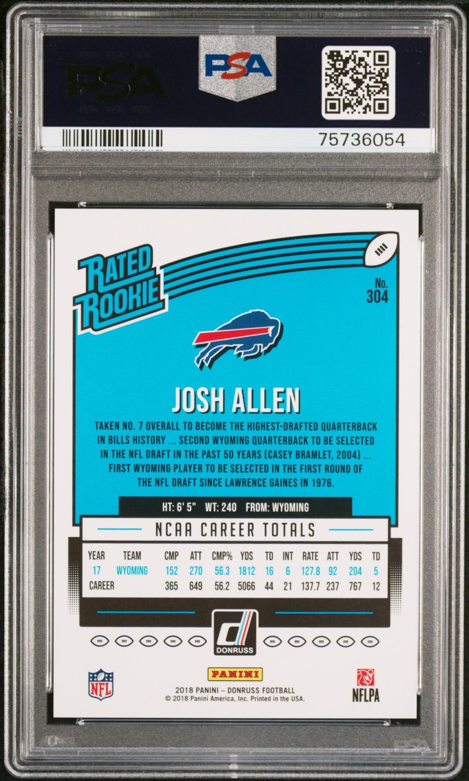 2018 Panini Donruss Football Josh Allen #304 Rookie RC PSA 9 view 2