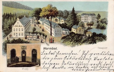 Warmbad 1903 Ansichtskarte Totalansicht Brunnen Kurgebäude Park Gäste 09429 AK - Bild 1 von 4