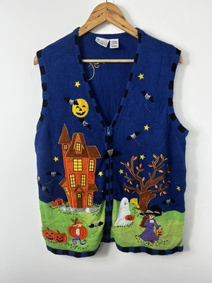 Vintage blau Halloween Haus Kürbis Geist Hexe bestickt Strick Weste L XL