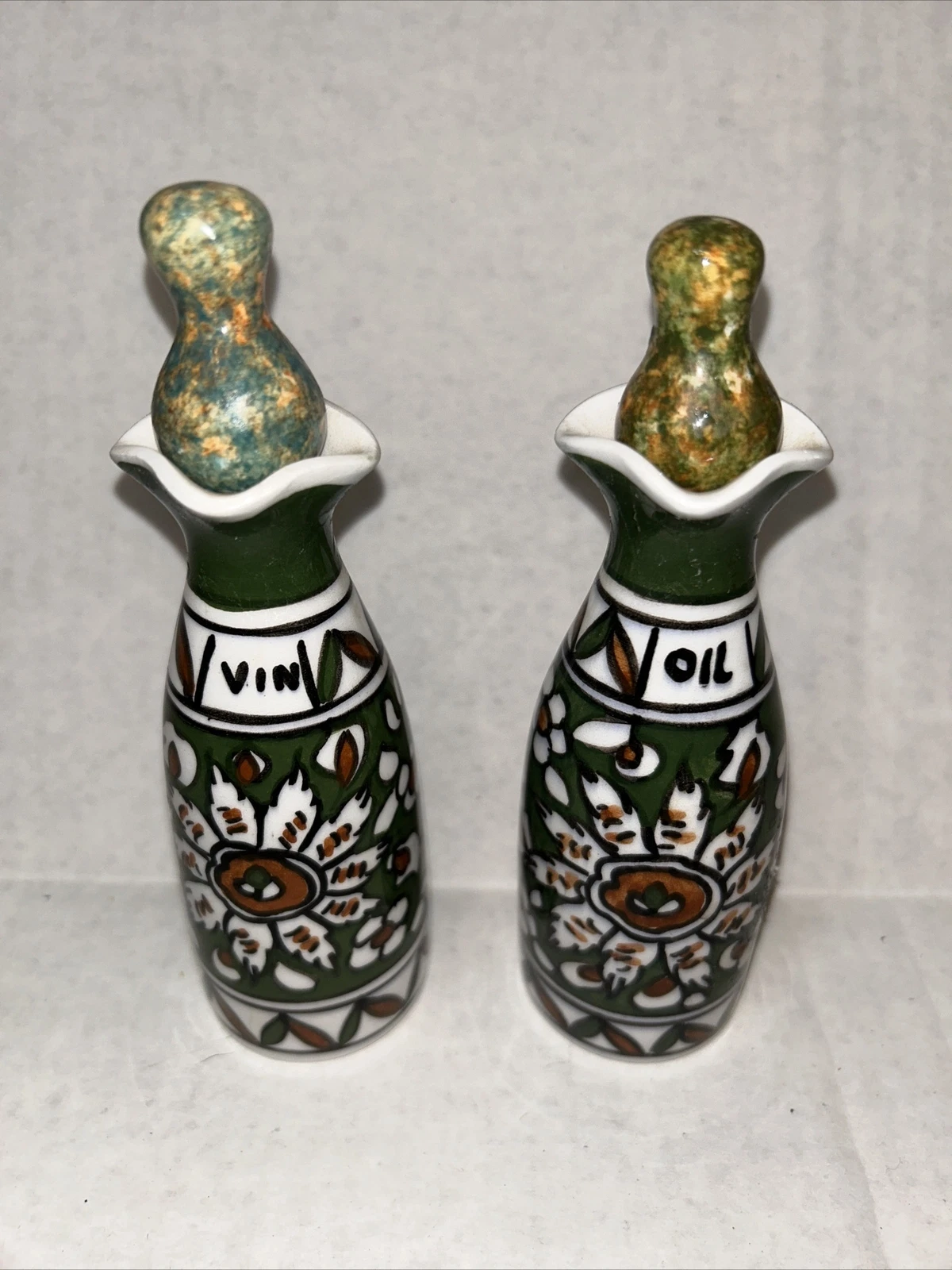 Rhodes Lindos Tringatzis Hand Made Oil & Vinegar Bottle Set Ceramic Art Pottery