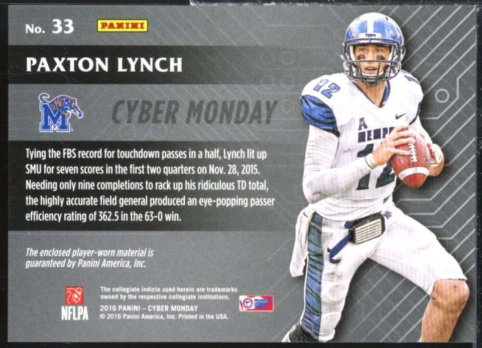 Paxton Lynch Rookie Card 2016 Panini Cyber Monday Memorabilia Cracked Ice #33  - Image 2 of 2