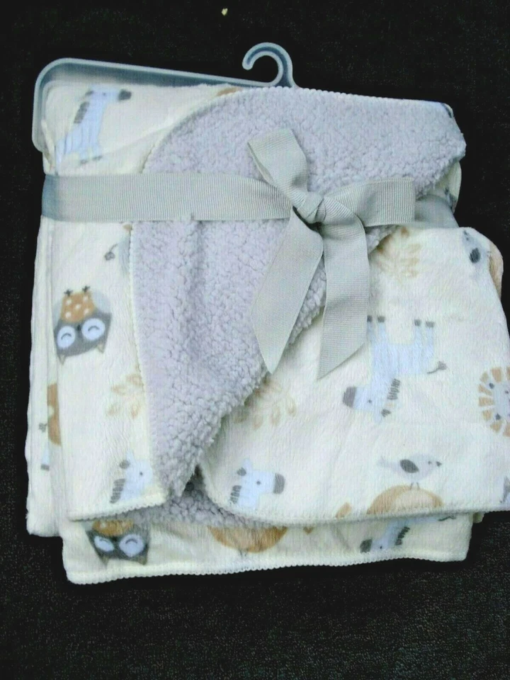 Cobertor infantil Just Born branco vison cinza sherpa leão elefante coruja girafa NOVO - Imagem 3 de 4